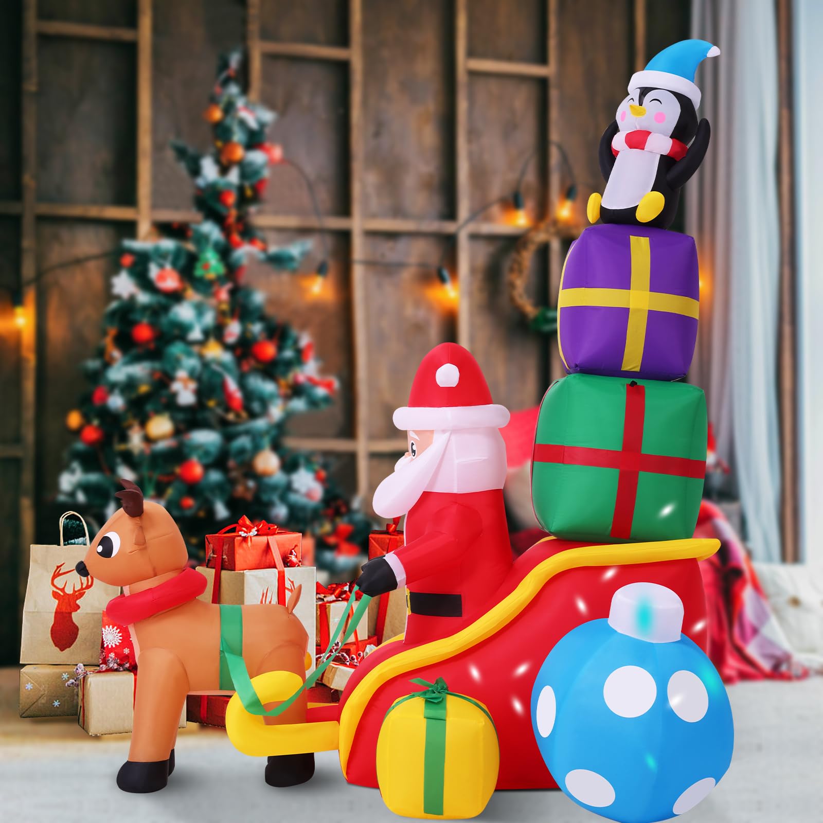 AKEYDIY Décorations de Noël gonflables pour cour – Père Noël renne sur traîneau – Décorations de Noël gonflables avec lumières DEL intégrées pour maison, cour, jardin, pelouse, fête, centres