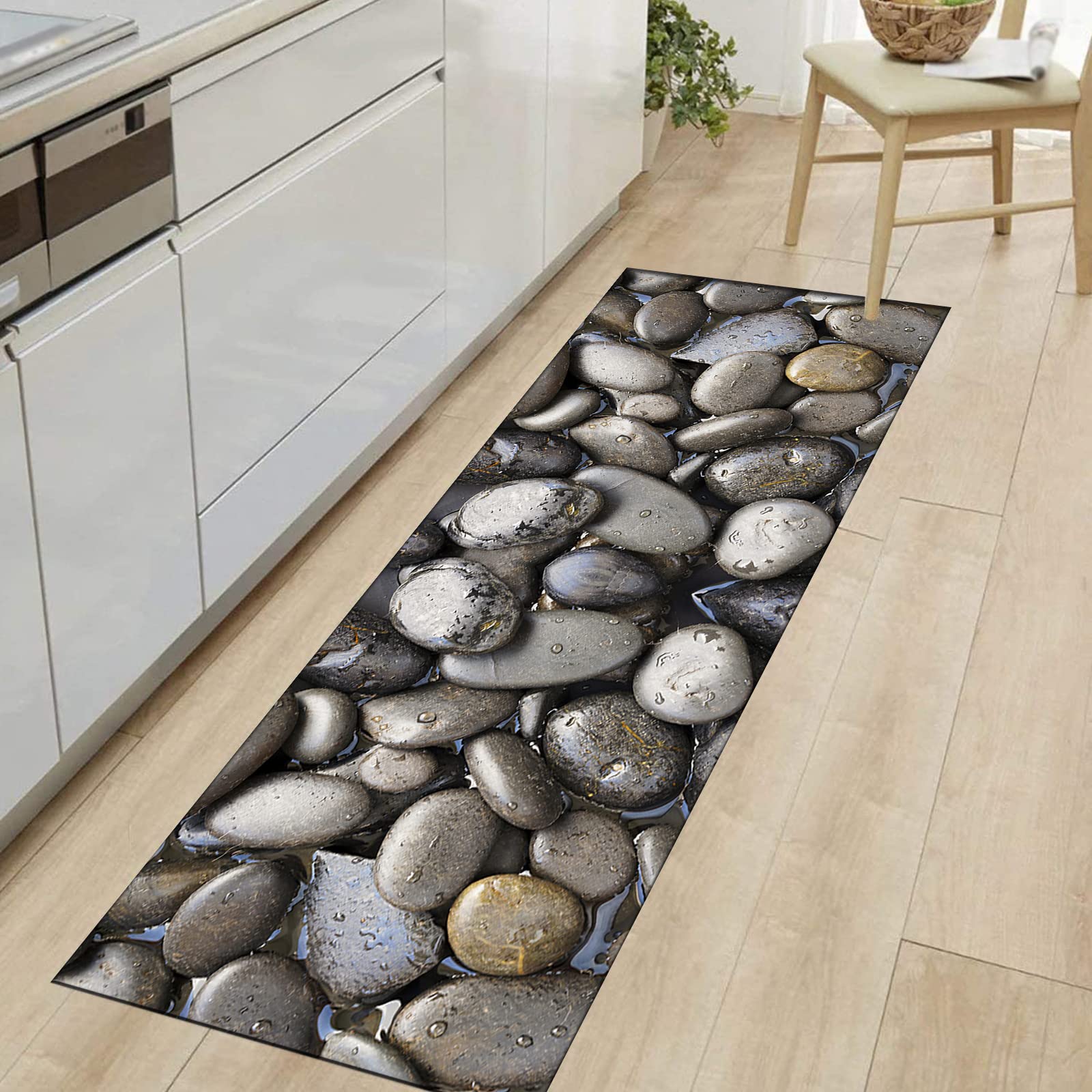 Läufer Teppich Flur rutschfest Waschbar Modern Teppich für Wohnzimmer Küche 120x100cm, 3D Stein Bach Design