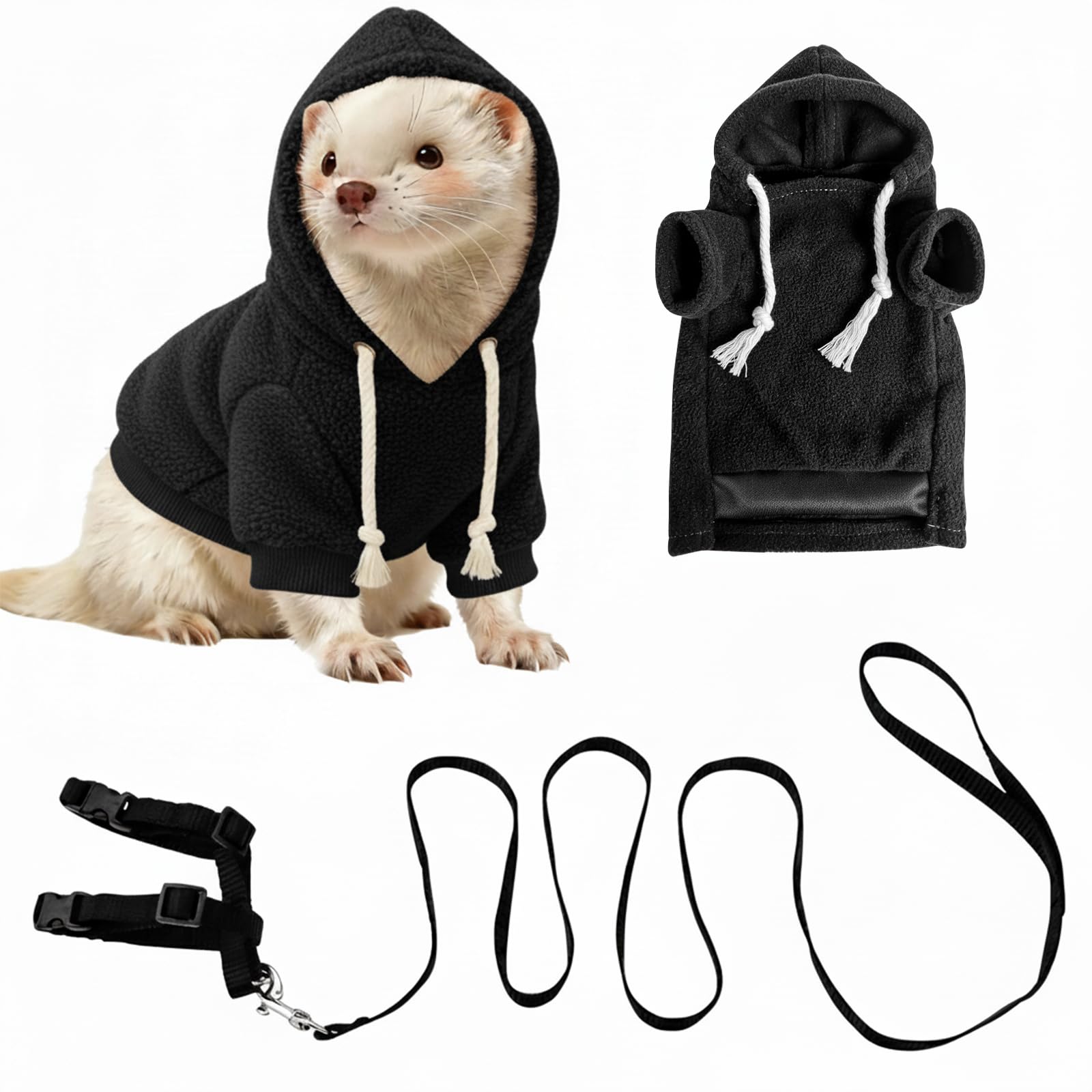 Ferret Clothes and Leash Set, Warm Hoodie Sweater with Harness and Leash for Outdoor Walking, Cozy Wear for Ferrets, Chinchillas, Small Pets, Adjustable Small Pet Outfits (Black)