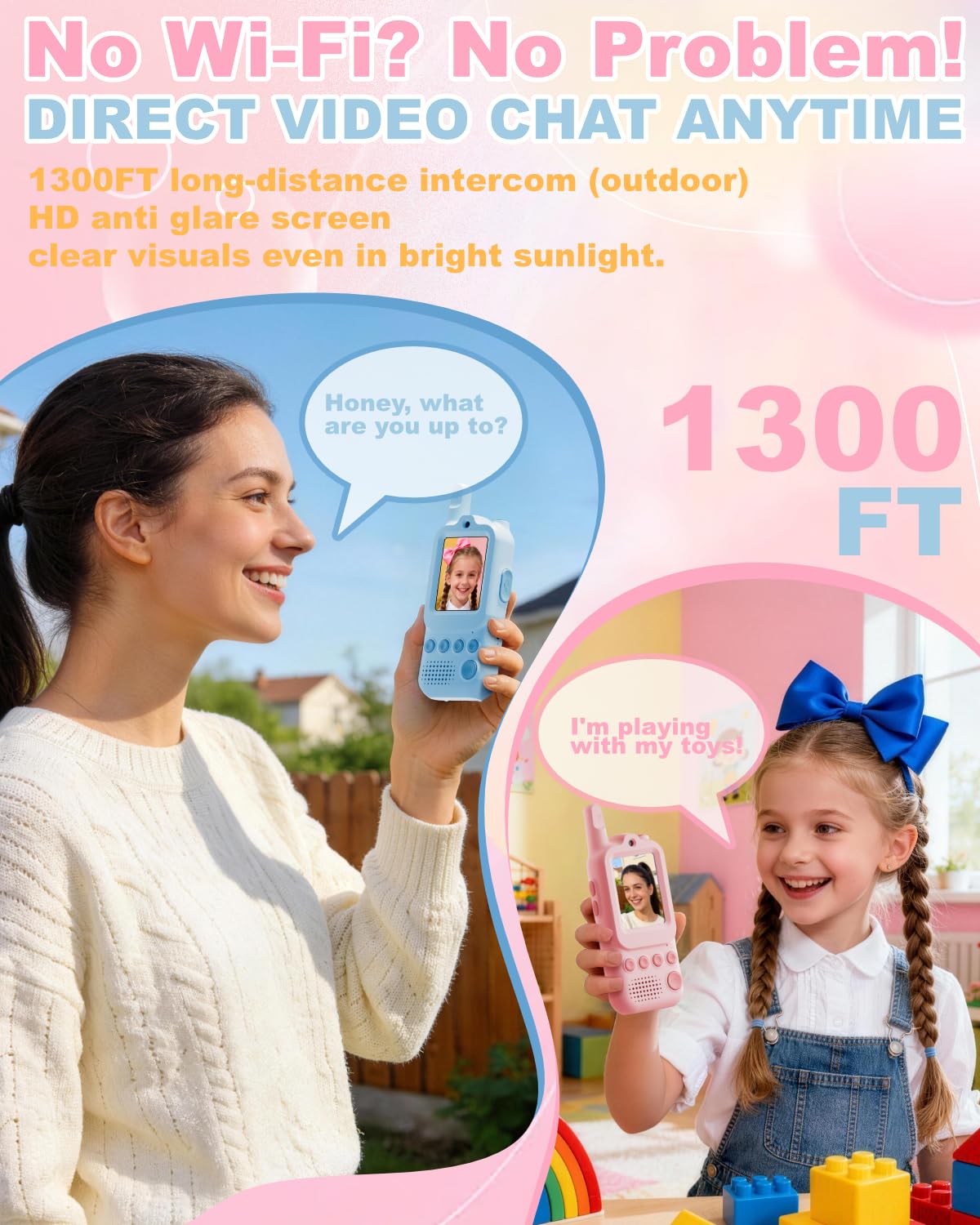 Video Walkie Talkies for Kids 2 Pack Rechargeable Video Intercom with Voice Changer, 1300FT Long Range Radios, Camping Hiking Toys, Birthday Gifts for Boys Girls Ages 3-12 (Pink&Blue)