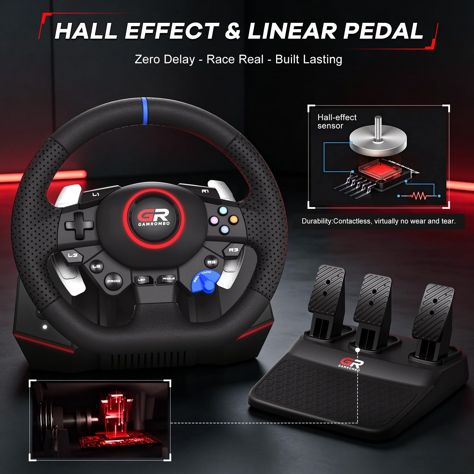 Gamrombo Set di ruote da corsa da 11 pollici per PS5/PS4/PC | con pelle cucita a mano, rotazione di 270°/900°, doppia vibrazione, RGB, Prog Remap, pedale e cambio