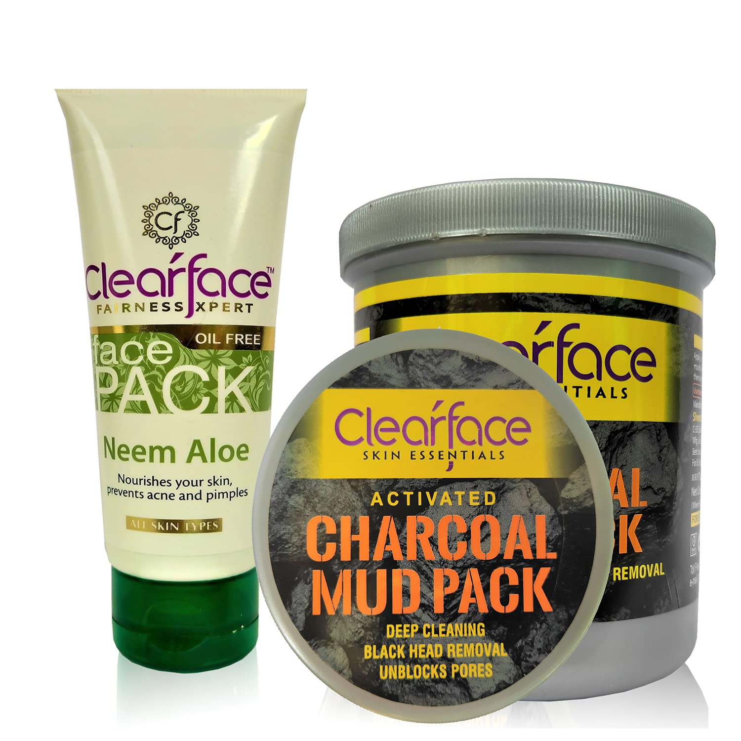 ClearFace Neem Aloe Face Pack(75g) With Activated Charcoal Face Pack(500g) / Deep Cleansing/Facial Combo