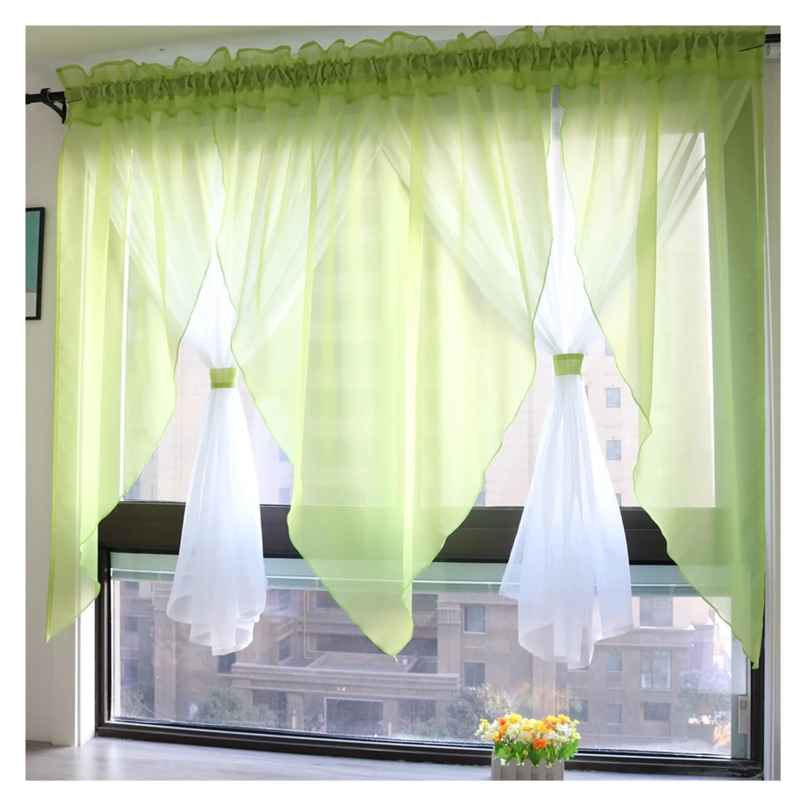 MKYYIOED Short Curtains Solid Voile Veil Livingroom Balcony Bedroom Curtain Sheer Short Kitchen Window Treatments(Green,NARROW PLEATED TAPE_W250CM X H140CM)