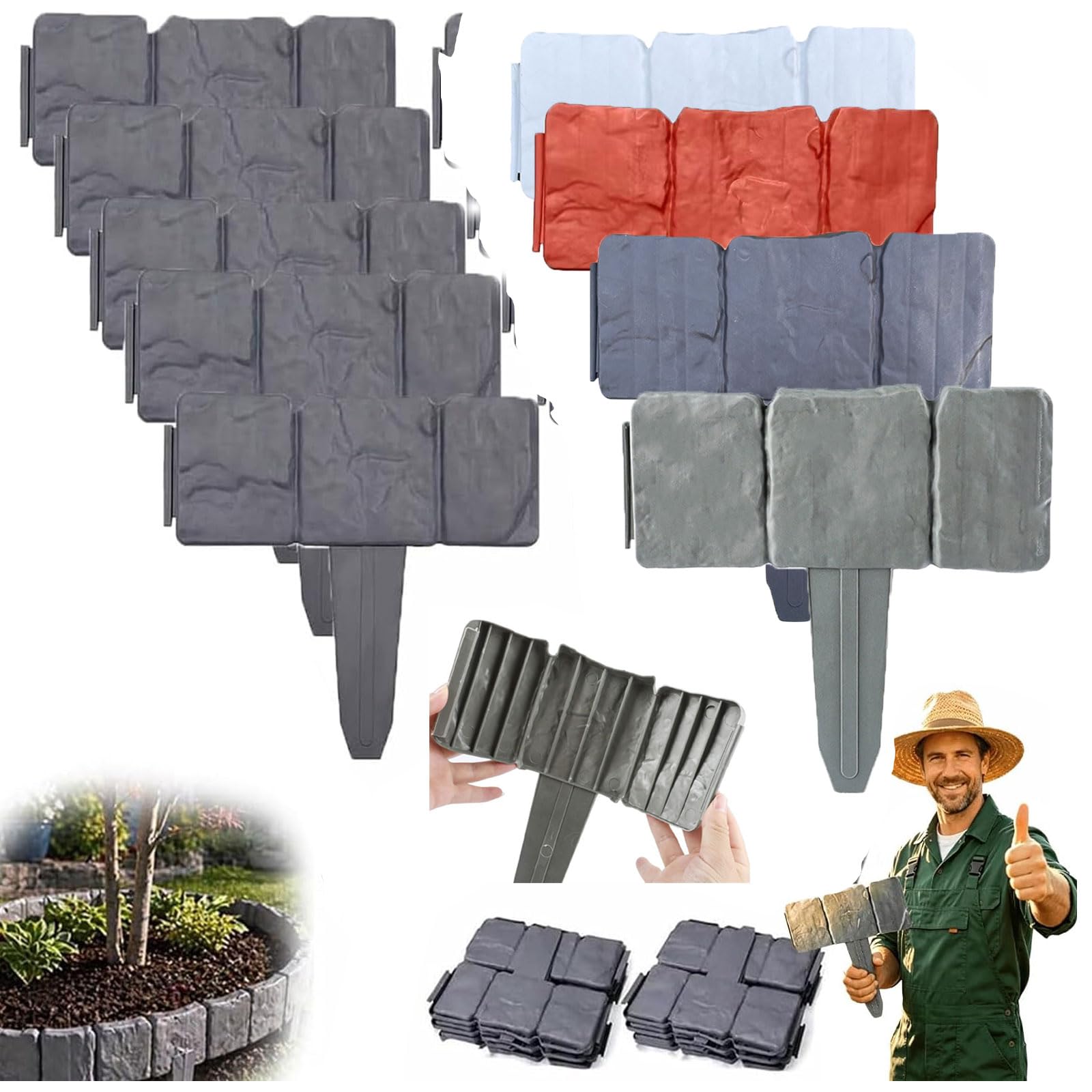 10/20 PCS Stone Garden Edging Border Plastic - Lawn Edging Shears, Stone Look Decorative Garden Edging Set,Imitation Stone Garden Fence, Plastic Lawn Edging Fence Picket Yard Grass Edge (20, Red)