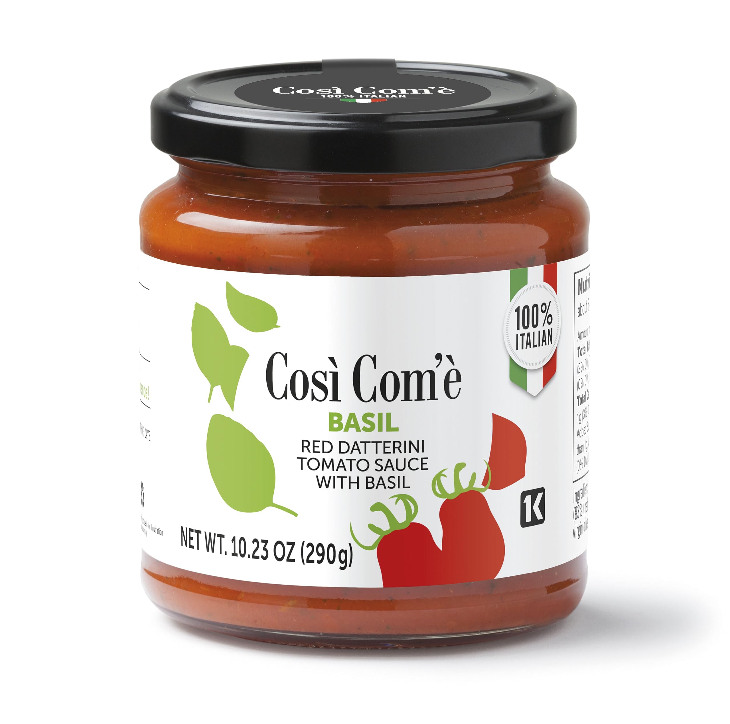Cosi Come - Red Datterino Tomato sauce with Basil, 10.23 OZ, Non Preservative, Non GMO, Product of Italy