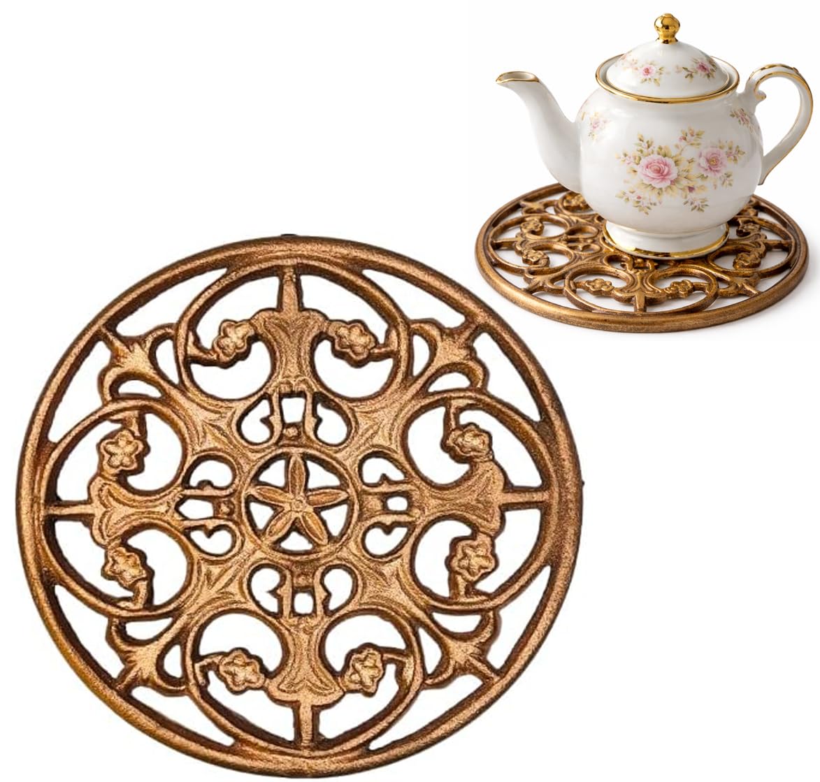 MAI 1Pcs Round Cast Iron Trivet - Round Metal Trivets with Rubber Feet Caps,Rustic Cast Iron Hot Dish Plate Holder, Pan Plate Teapot for Kitchen Dining Table Countertop Cooktop (Copper)