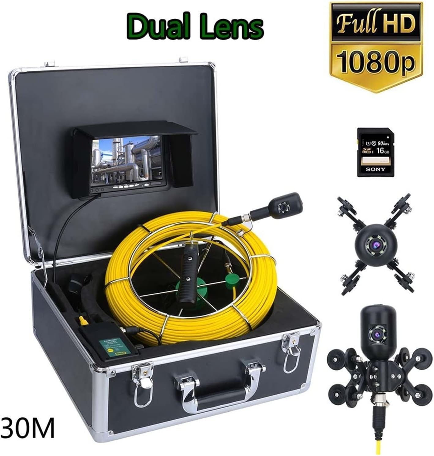 Inspection Cameras 7inch DVR 30M 1080P HD Dual Lens Drain Sewer Pipeline Industrial Endoscope Pipe Inspection Video Camera with 16G SD Card Automotive Measuring Tools