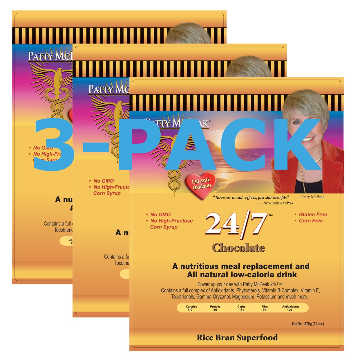 3 Chocolate Rice 'n Shine 24/7 31oz ea Rice Bran (Manna) Shake Developed by Patty McPeak of Nanacea