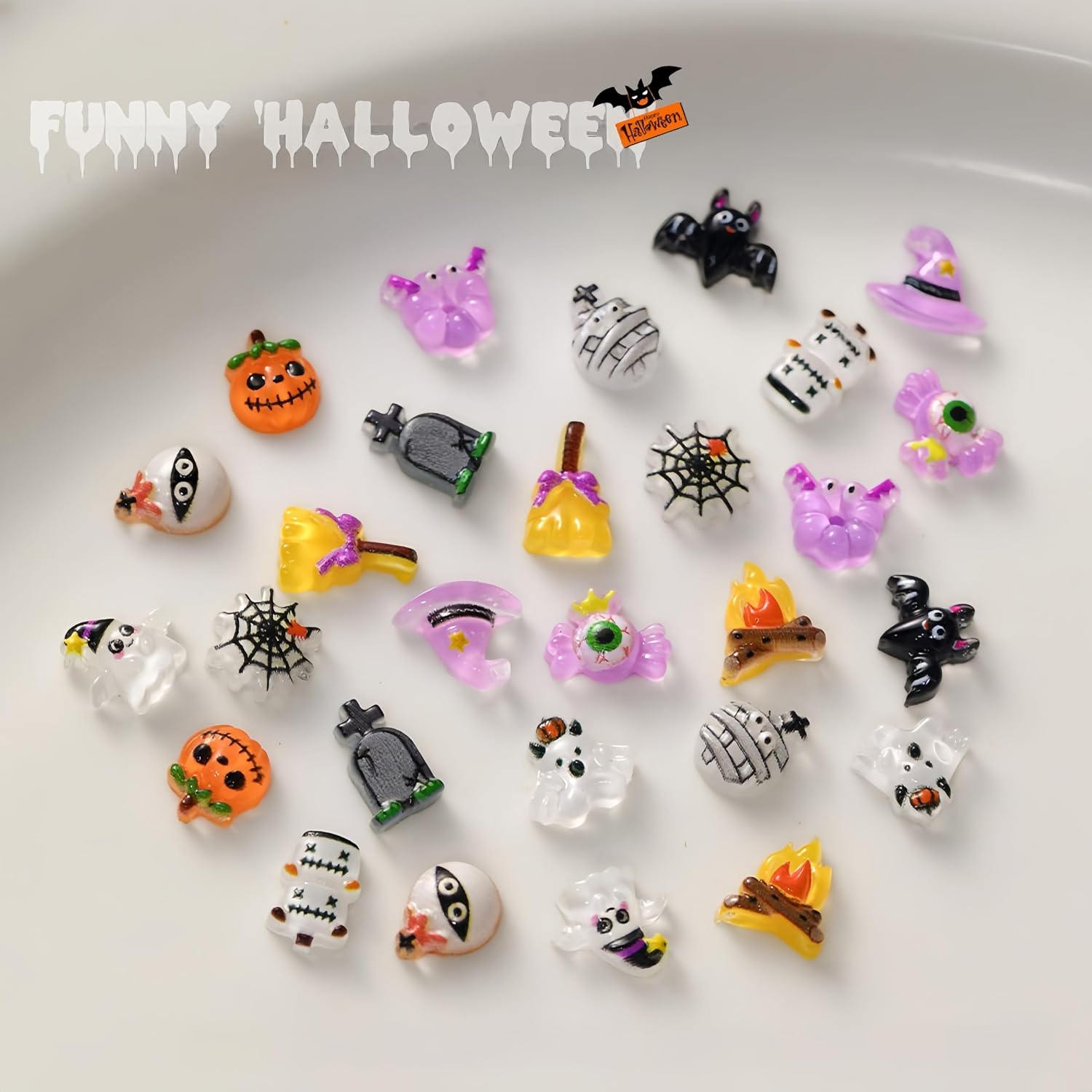 200Pcs Halloween Nail Art Charms Cute Bat Ghost Pumpkin Nail Rhinestones Multi Shapes Resin Cartoon Bandage Web Tombstone Broom Hat Design Nail Supplies 3D Mini Flatback Kawaii Nail Jewels for DIY image 3