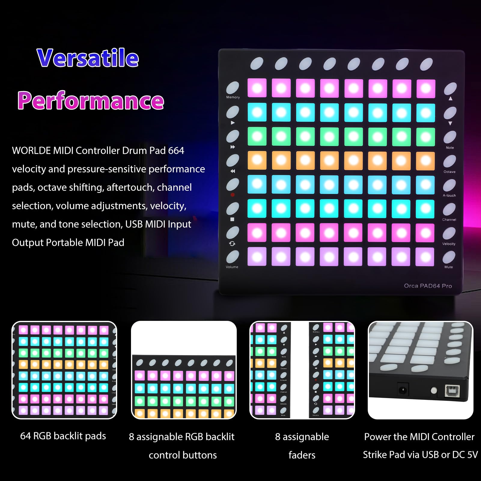 Controlador de Pad de Batería MIDI 64 Pads Retroiluminados RGB Pad de Golpe MIDI Sensible a la Velocidad con Módulo de Sonido de 24 Botones USB MIDI IN OUT para Producción
