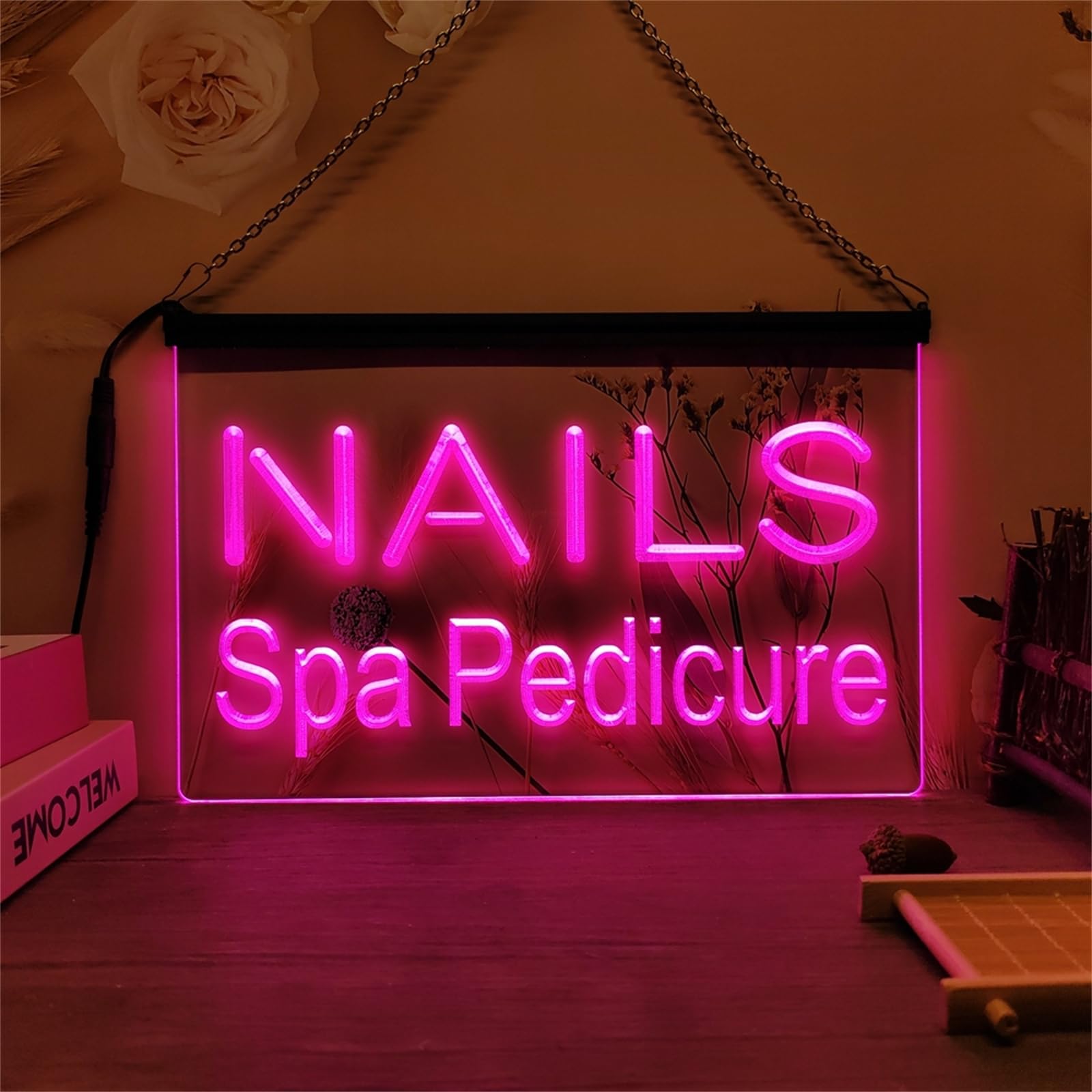 KEYQEEN Nails Spa Pedicure LED Neon Sign, Beauty Salon 3D Carving Neon Lights for Business Room Wall Decor USB Luminous Signs,Pink,60x40cm