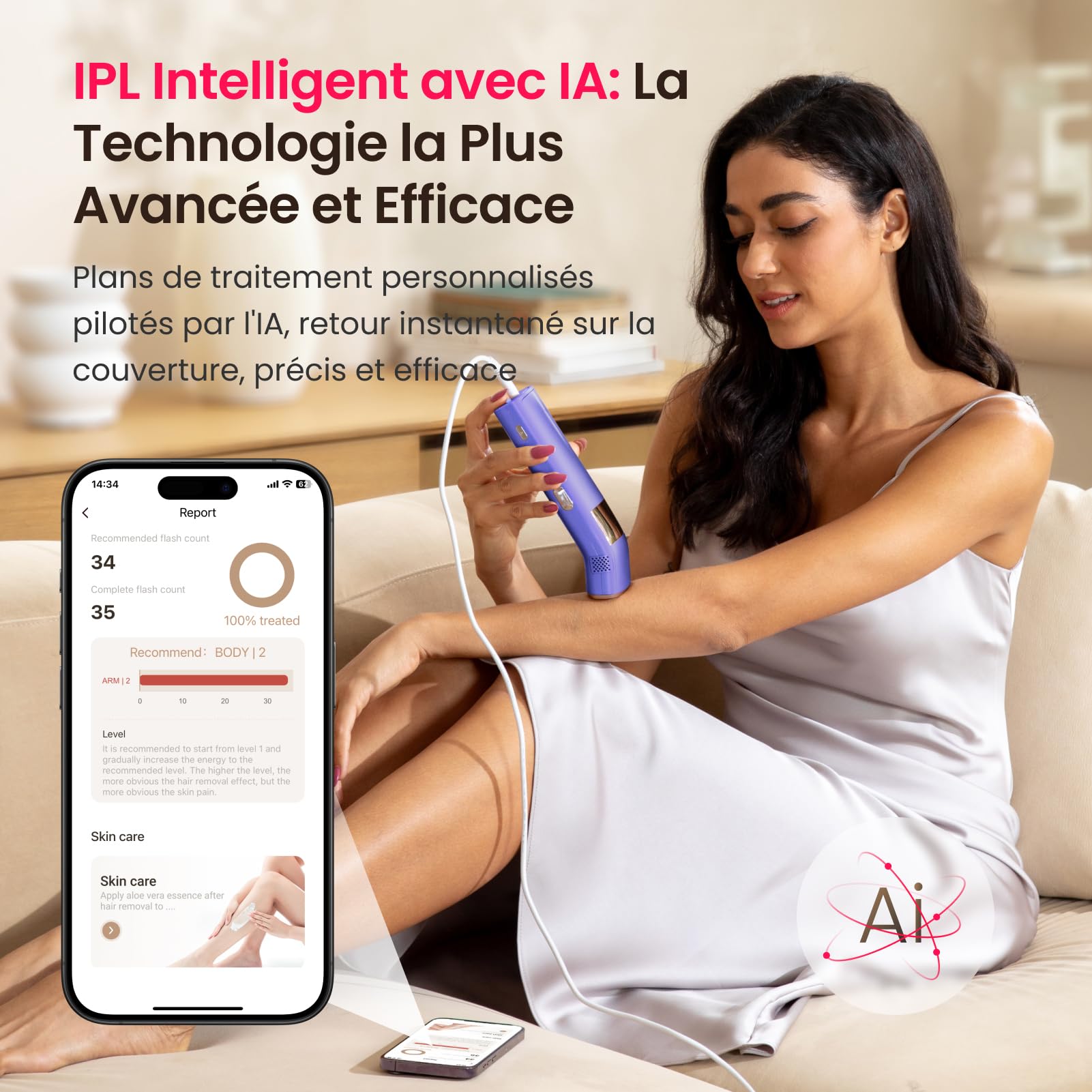 Épilateur Lumière Pulsée, 12cm² avec Saphir Glacial 3℃ Indolore, Max 25J