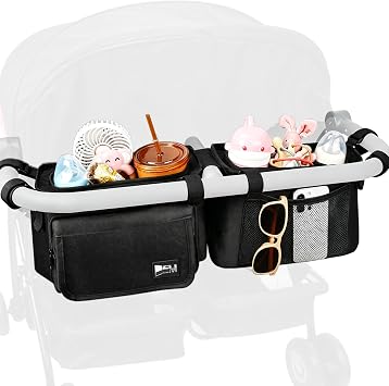 ZZM Double Stroller Organizer with 2 Cooler Pockets,Compatible for Bob Duallie, Jeep and Baby Jogger City Mini GT2, Double Baby Stroller Accessories, Parent Console Double Jogging Stroller Organizer