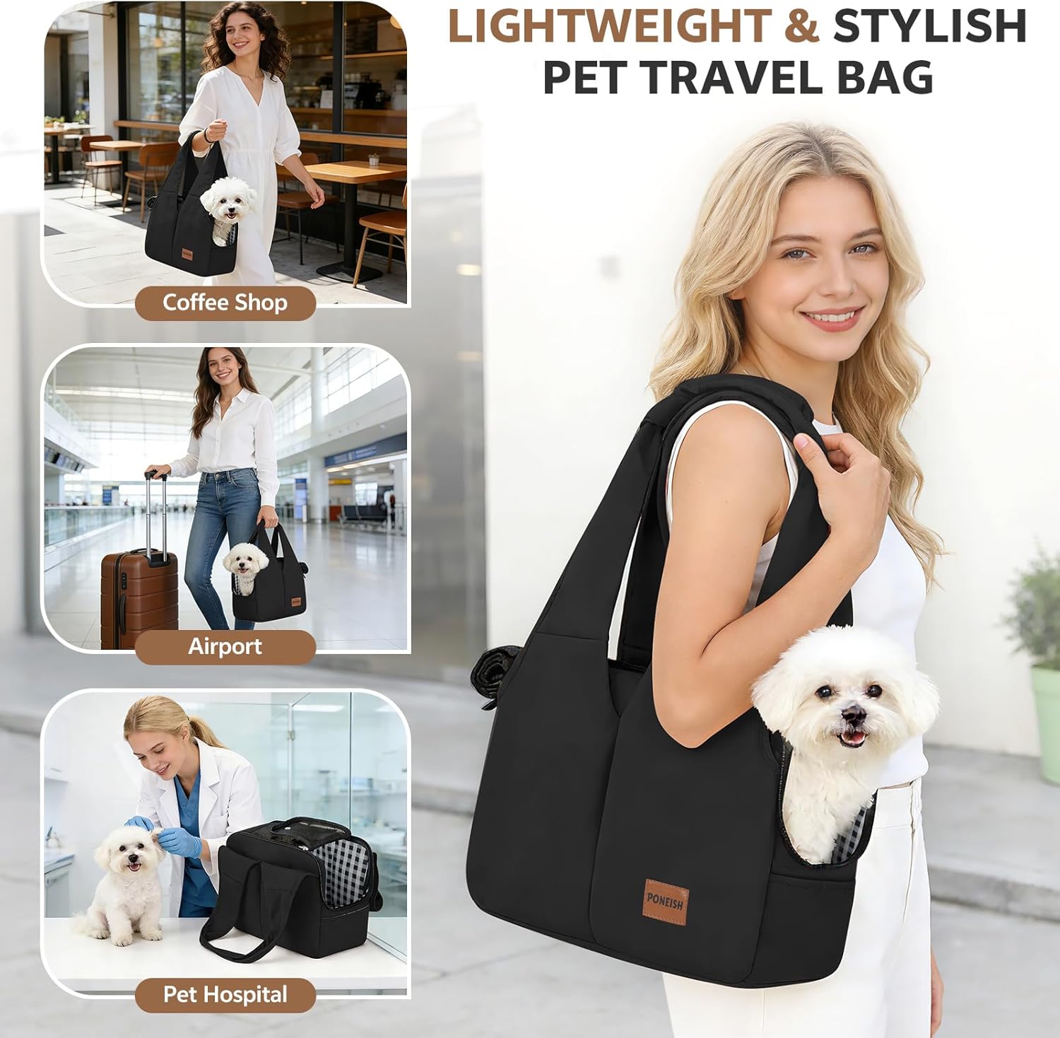 Dog Purse Carrier for Small Dogs and Cats, Soft-Sided Pet Tote Bag with 6 Large Pockets, Collapsible Travel Puppy Carrier with Small Cushion, Fits Pets up to 6 lbs (Black, 13.6" L x 6.6" W x 10" H)