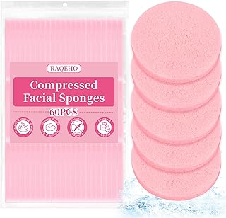RAQEHO 60pcs Compressed Facial Sponges - Round Face Sponge Disposable Travel Facial Cleansing Pads Makeup Sponge for Face ...