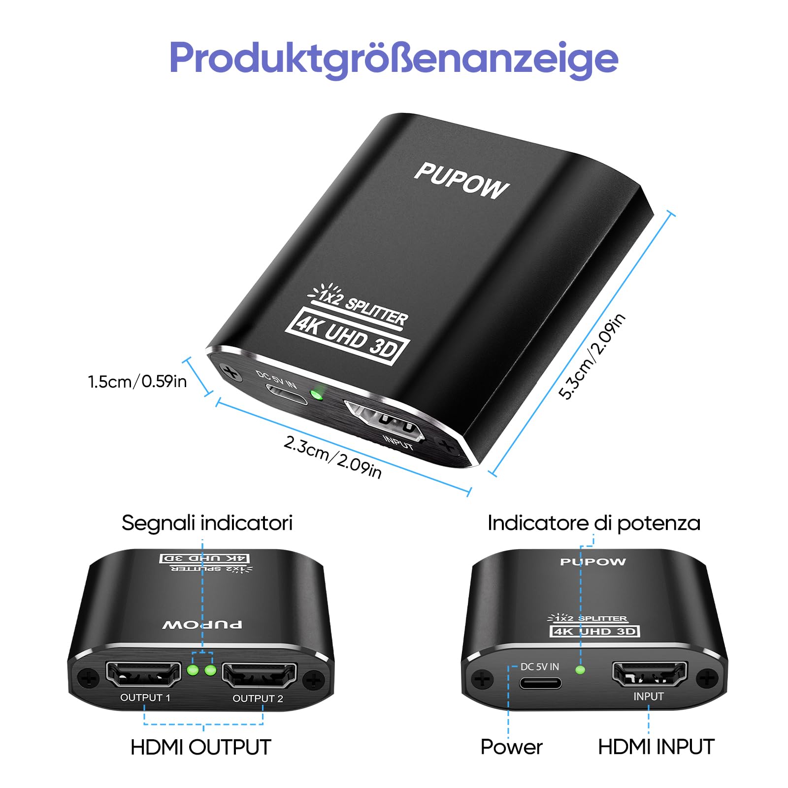 Sdoppiatore HDMI 1 in 2 Out Alluminio 4K Splitter per PS4 Xbox Sky Box Fire Stick