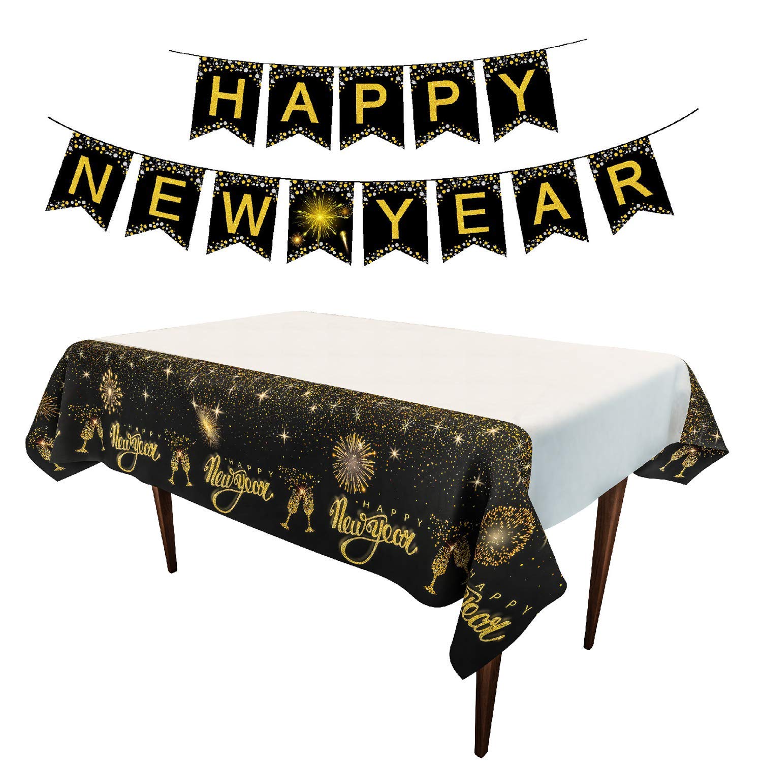Dusenly Happy New Year Banner Gold Glitter 2026 New Years Eve Party Tablecloth Plastic New Year Table Cover for 2026 New Year Party Photo Backdrop Props Decoration