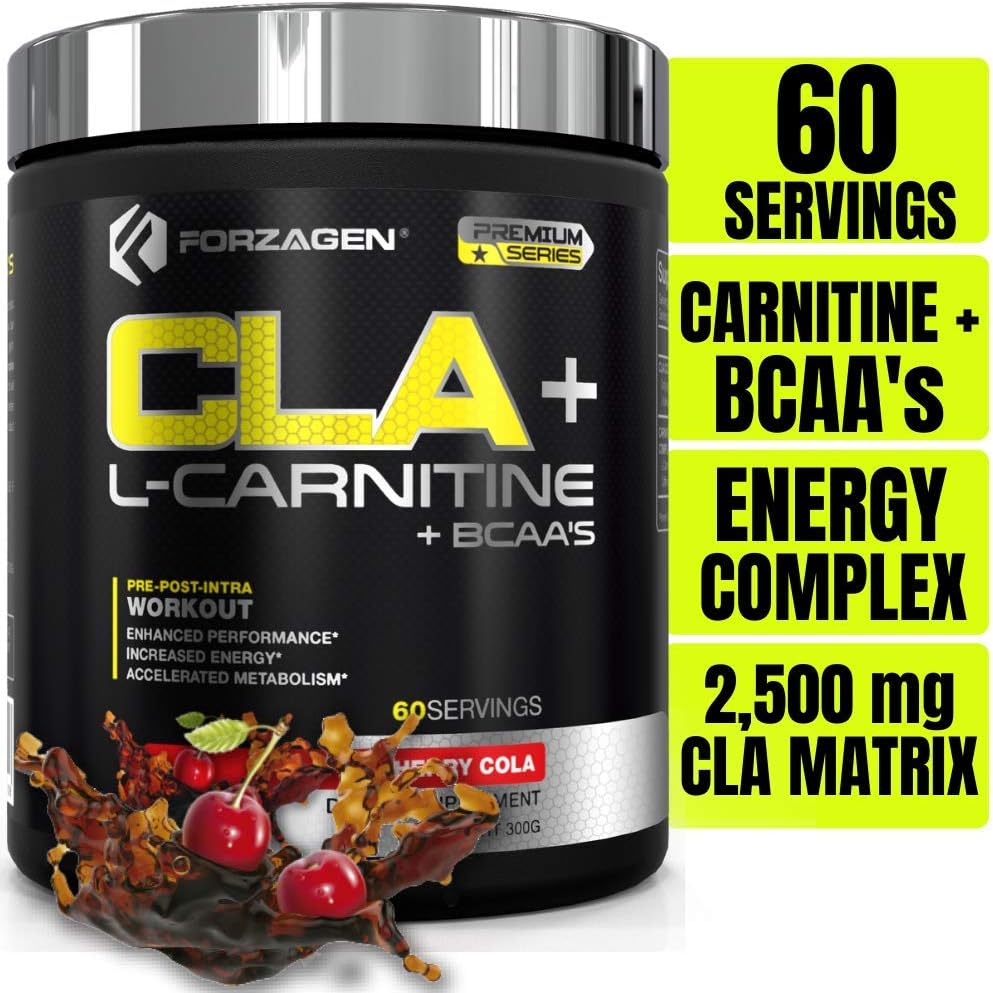 Forzagen Cla + L Carnitine + Bcaa Powder - Bcaas Amino Acids with Cla Powder Increase Energy Free Caffeine Pre Workout | 60 Servings | Keto Burn | Premium Cla Supplements (Cherry Cola)