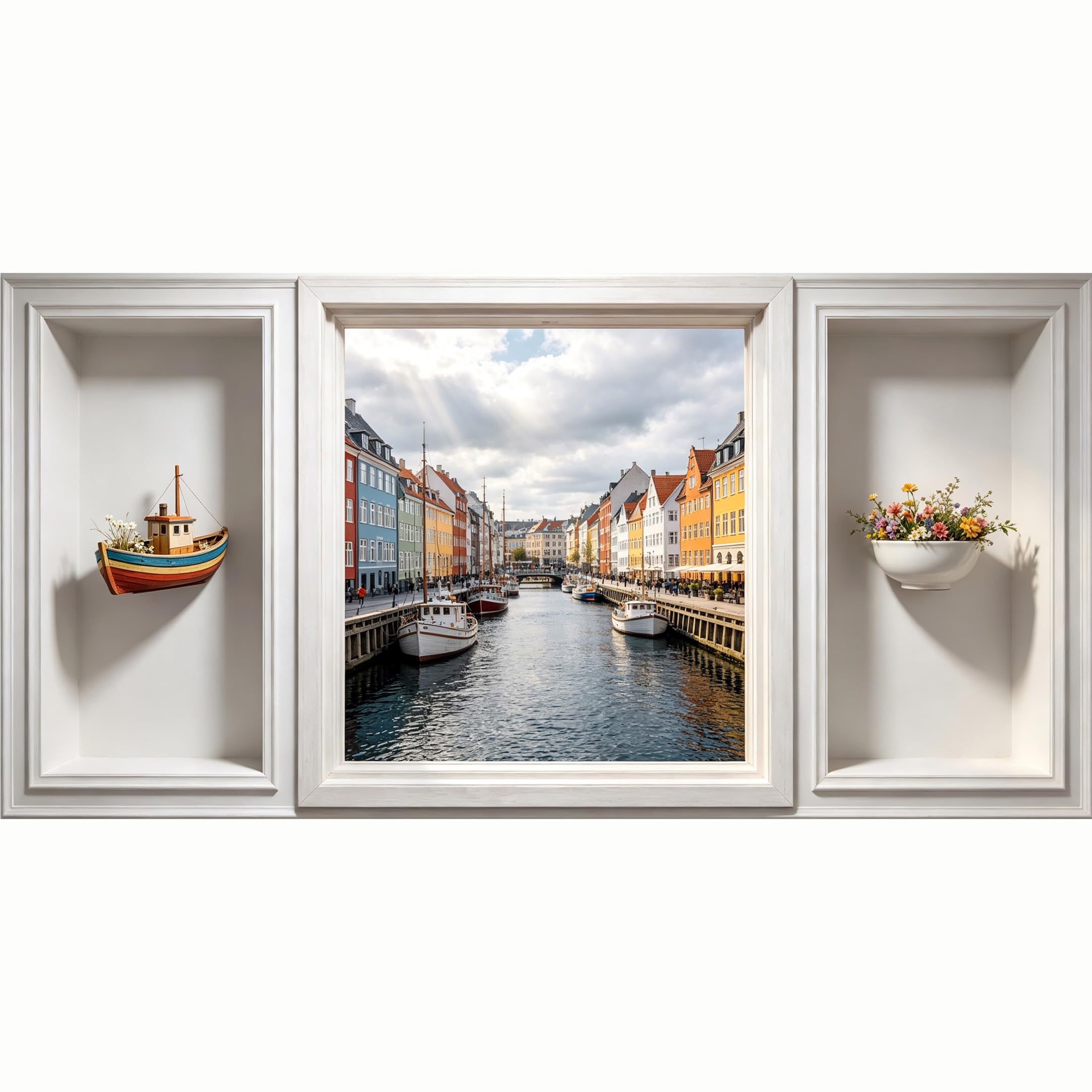 QZLITHOTIC 50x100cm 3D Framed Wall Art， European Harbor Canal Cityscape Trompe l'oeil， Water‑Activated Peel & Stick Fabric Decor Wall Decal for Bedroom Living Room