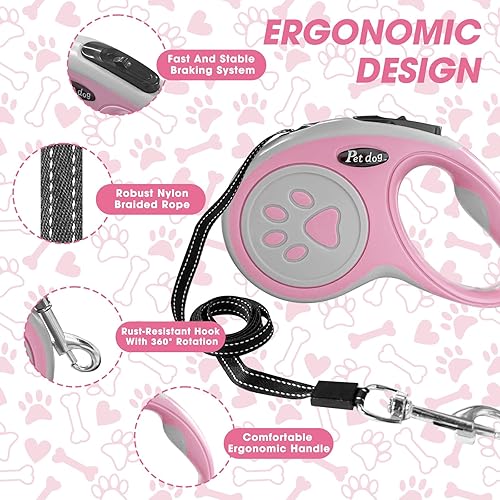 Miniatura 6 de Correa retráctil para perro de 16 pies, correa de nailon resistente con botón de bloqueo rápido para perros pequeños y medianos (rosa)