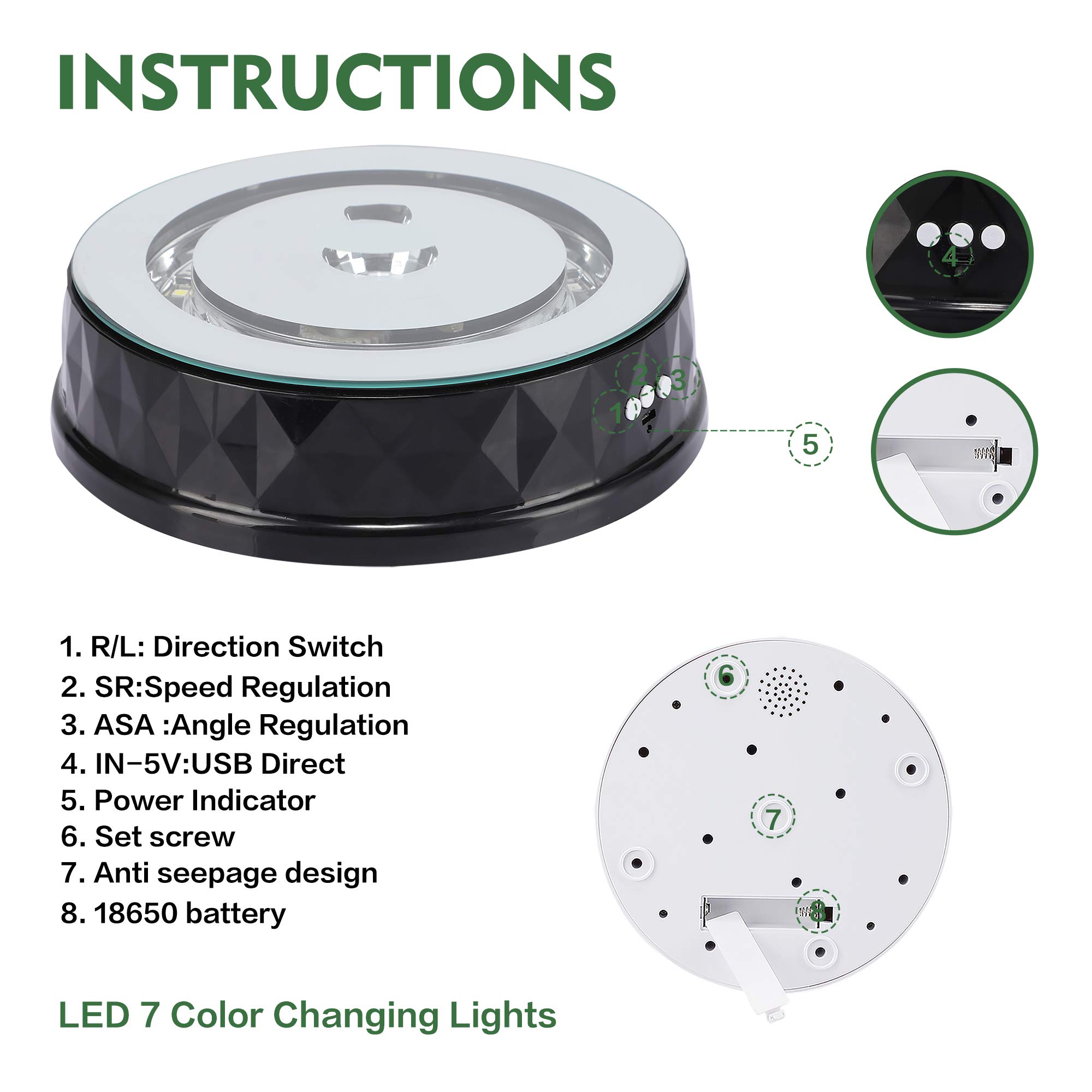 Base de visualización de luz LED con 7 luces LED que cambian de color 9 pulgadas Multicolor redondo giratorio ángulo de velocidad Dirección Soporte de exhibición ajustable para cristal