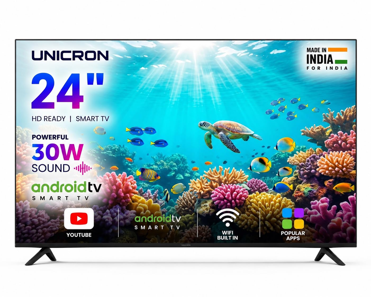 unicron 24 inch android smart tv, hd led television with 30w sound speaker, wifi enabled, frameless design & ips a+ display panel, gaming, screen mirroring & mobile connectivity