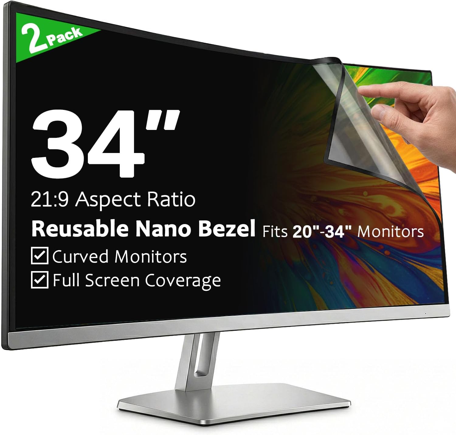 [2-Pack] 34 Inch Reusable Nano Bezel Anti-Glare Computer Privacy Screen for Monitor, 21:9 Aspect Ratio, Residue-Free Removable Anti-Spy Filter, Eye Protection Anti-Blue Light Desktop Security Shield