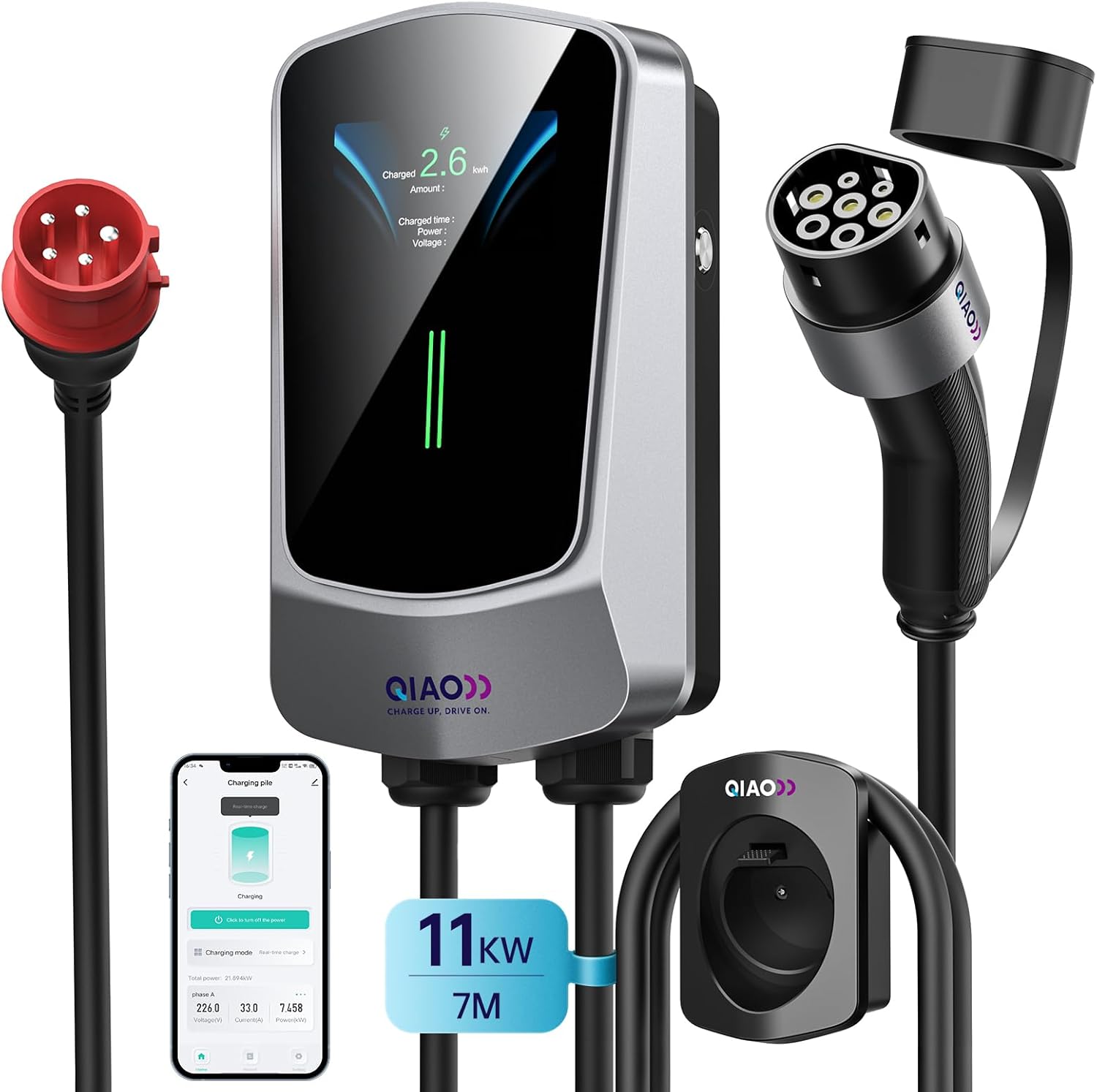 QIAO)) Cargador EV tipo 2 de 11 kW, aplicación inteligente trifásico 8-16 A, estación de carga para vehículos eléctricos de montaje en pared con pantalla LCD de 4.3, cargador de pared para vehículos eléctricos doméstico IEC 62196-2 tipo 2 a enchufe CEE 16 A con soporte para cables