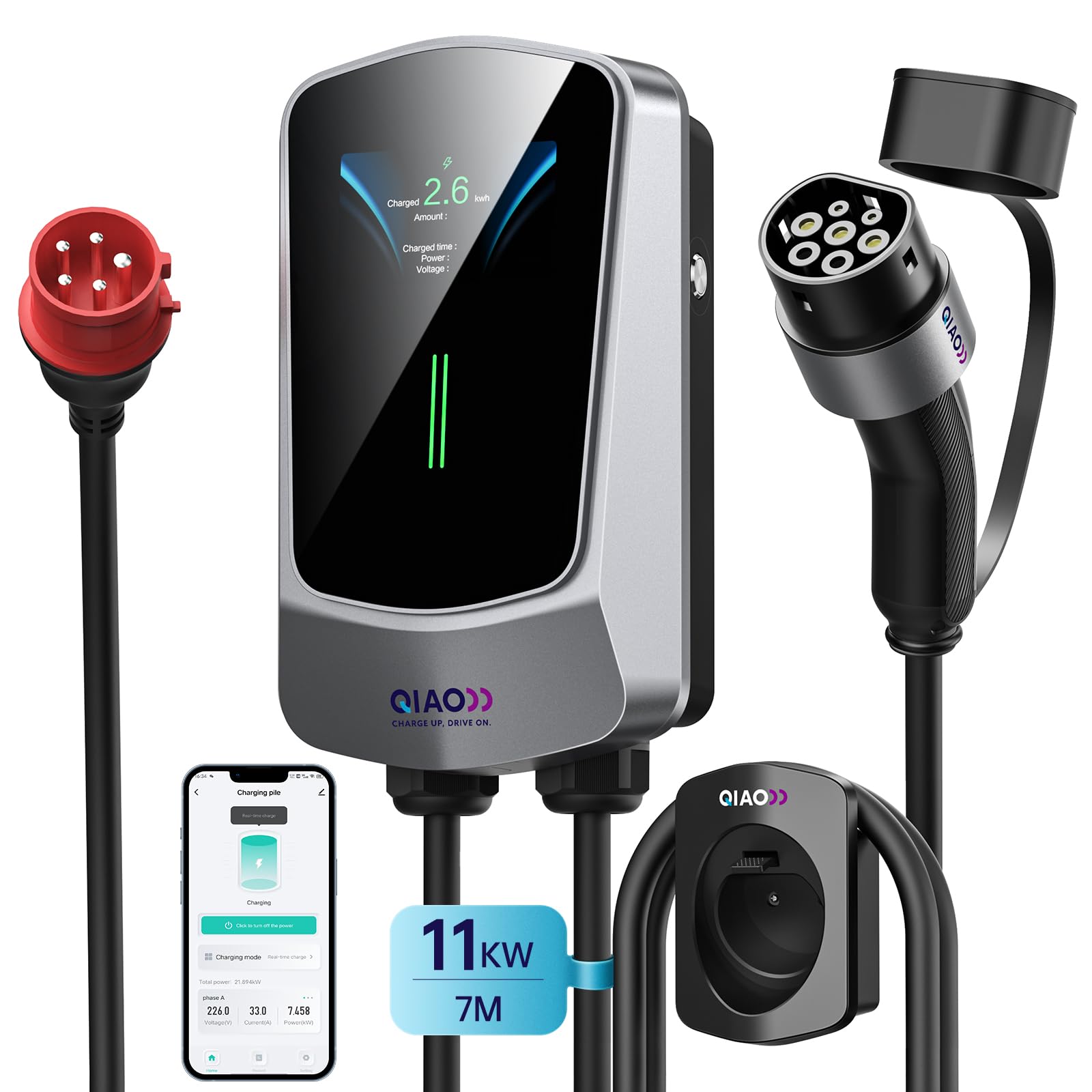 QIAO)) 11kW EV Charger Type 2, Wall Mount Electric Vehicle Charging Station with LED Display, IEC 62196-2 Home Wall Charger Type 2 to 3-Phae CEE Plug with Cable Holder (11kW 7M LCD Display)