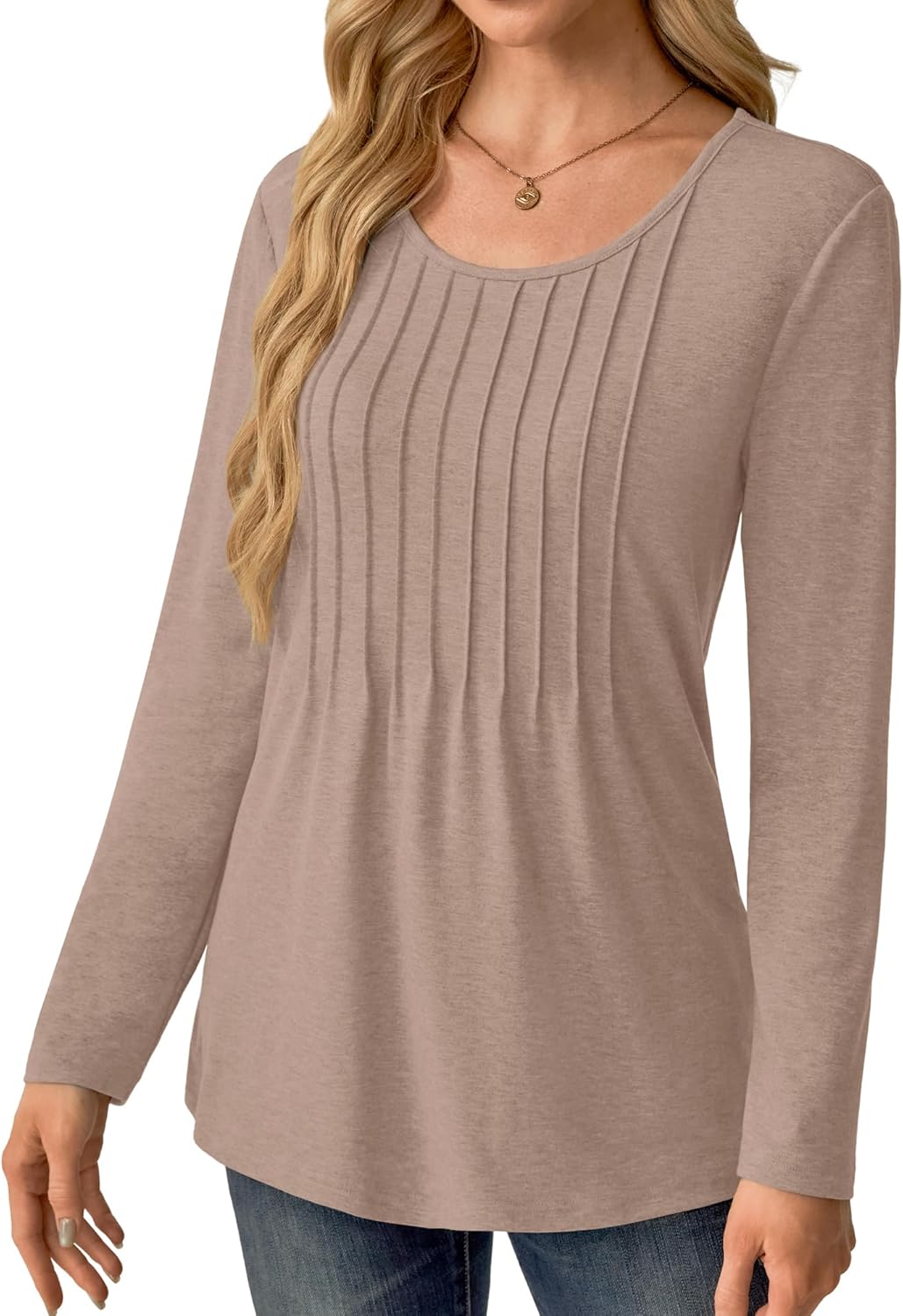 NORACORA Long Sleeve Pleated Tops for Women Dressy Casual Chic Crew Neck Blouses Shirts Loose Fit Trendy Fall Clothes 2025 - Image 2