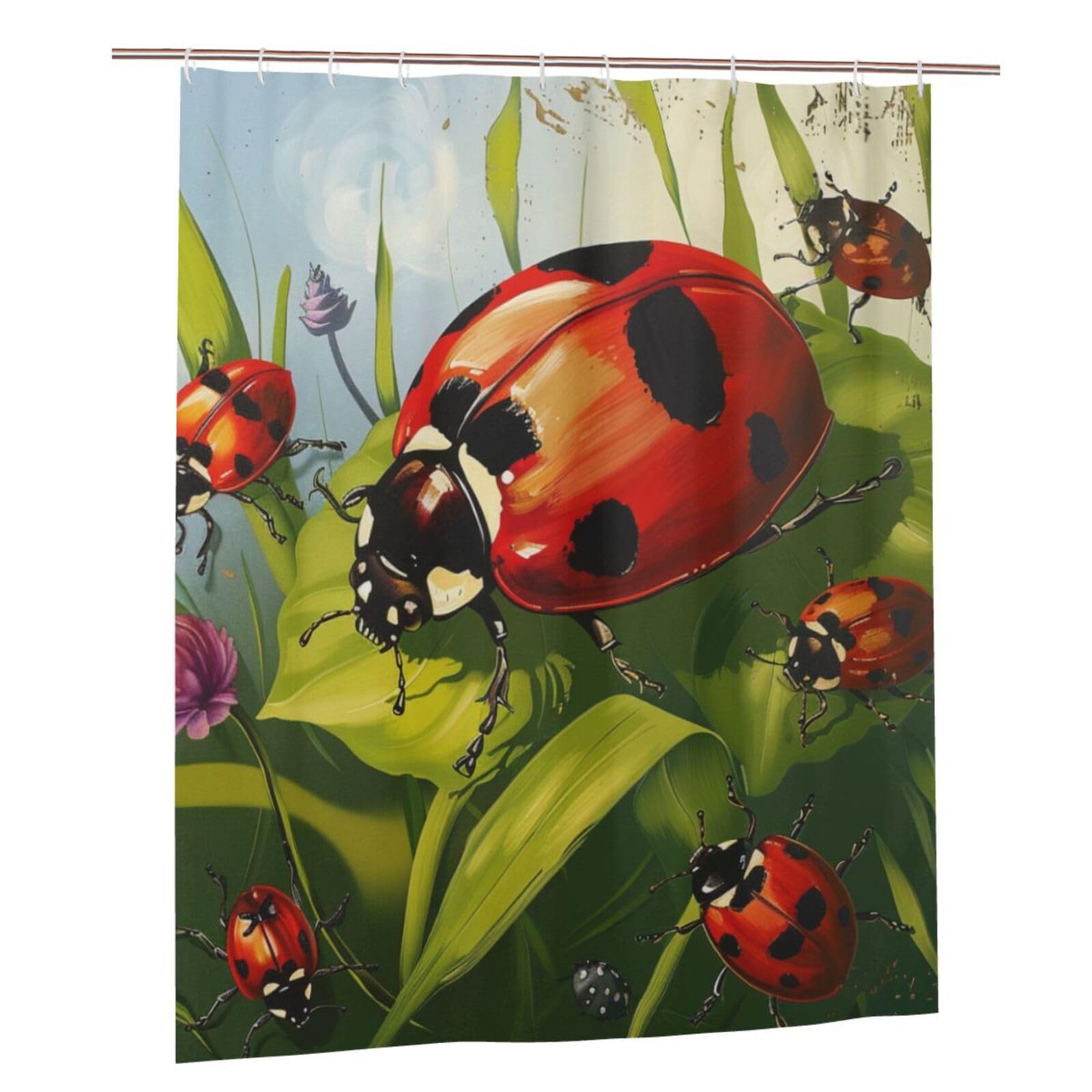 BWWHCCTI Ladybug Printed Shower Curtain With 12 Plastic Hooks Opaque Quick Drying Waterproof Shower Curtains Sets For Bathroom 152x183 Cm