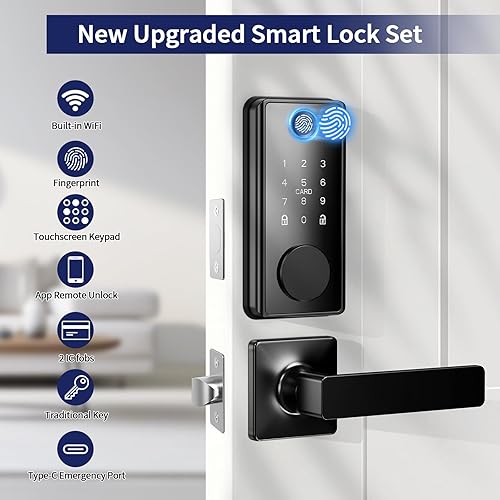 Miniatura 2 de Cerradura inteligente de huellas dactilares WiFi para puerta delantera, cerradura de puerta de entrada sin llave con juego de asa, no requiere