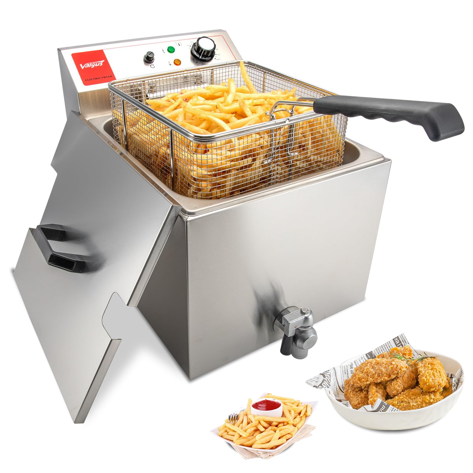 Valgus Friggitrice Elettrica Professionale in acciaio inox 3300W 16L Friggitrice da banco di grande capacità con cestello e coperchio, sistema di drenaggio