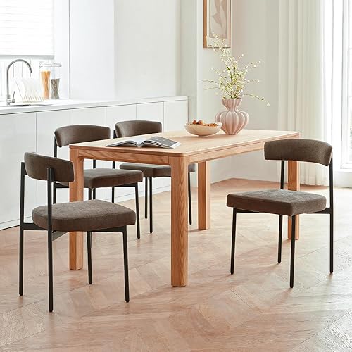 Miniatura 9 de Juego de 4 sillas de comedor de piel sintética beige, silla de cocina tapizada sin brazos, moderna silla de comedor con respaldo curvado Cuero