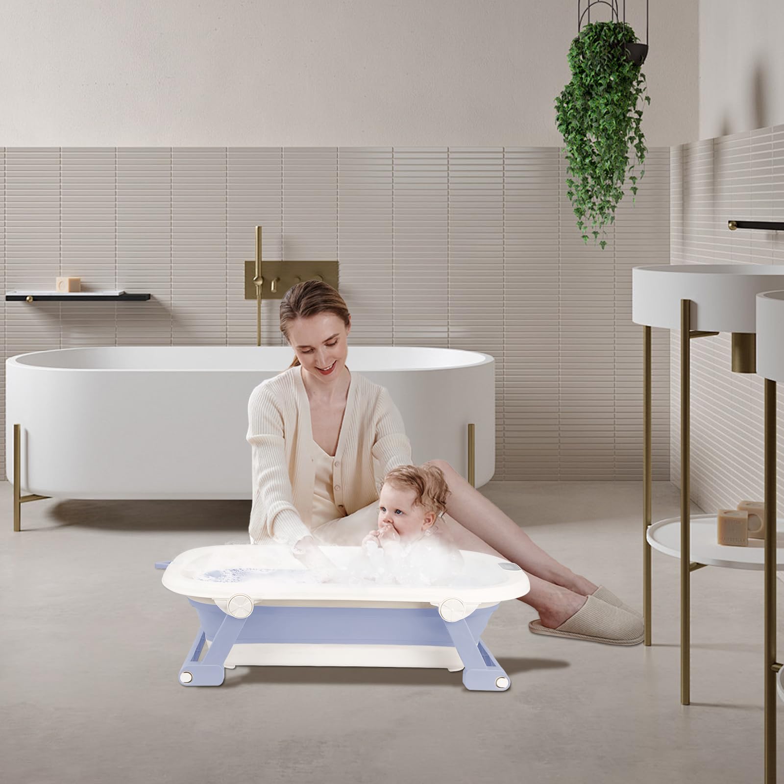Vasca da bagno pieghevole per bambini, con tappetino da bagno e termometro integrato, compatta e portatile, ergonomica e salvaspazio, sicurezza e comfort, appositamente progettata per i neonati (blu)