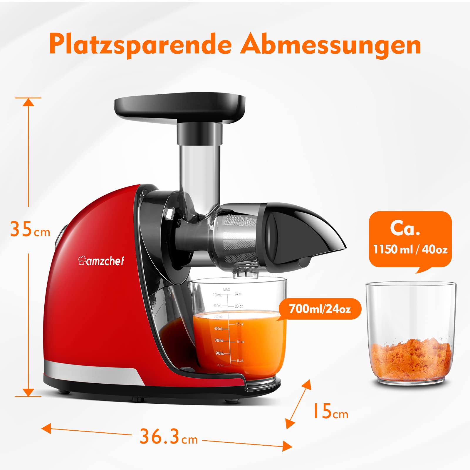 Amzchef Entsafter Gemüse und Obst Testsieger - Entsafter Slow Juicer mit Rückwärts-Kau-Funktion - Zartes Zerkleinern ohne Filtern - Saftpresse Elektrisch mit Bürste und 2 Tassen - Kirschenrot – Bild 9