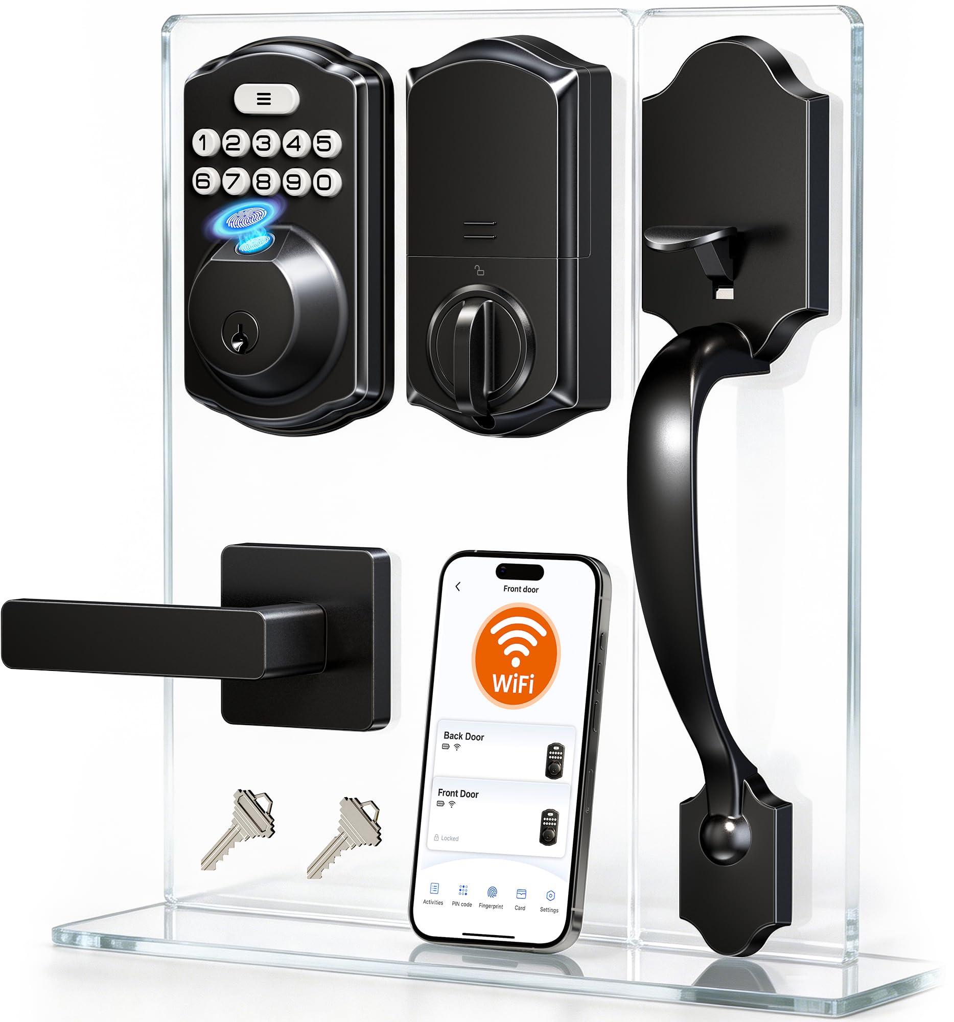 VeiseApp Remote, Built-in Wi-Fi, Smart Deadbolt, Fingerprint Entry, Voice Control, Auto Lock, Backlit Keypad, IP55 Waterproof VE012W-H Wi-Fi Smart Front Door Lock Set with Handle, Matte Black