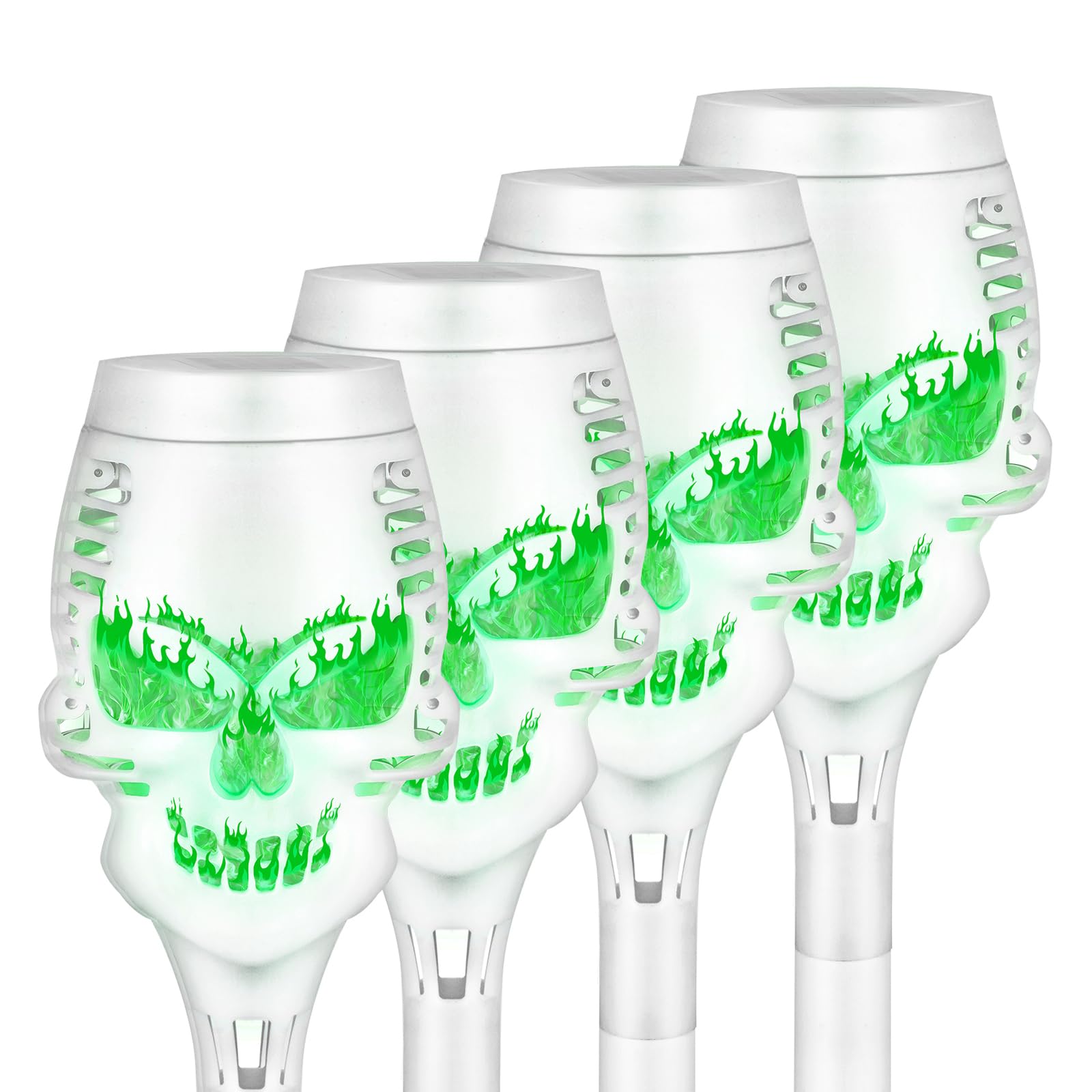 4 Pack Solar Torch Skull Light with Flickering Flame, Outdoor Waterproof Solar Halloween Skull Lights Decorations, Solar Torches Landscape Path Lights for Halloween Decor (Green)