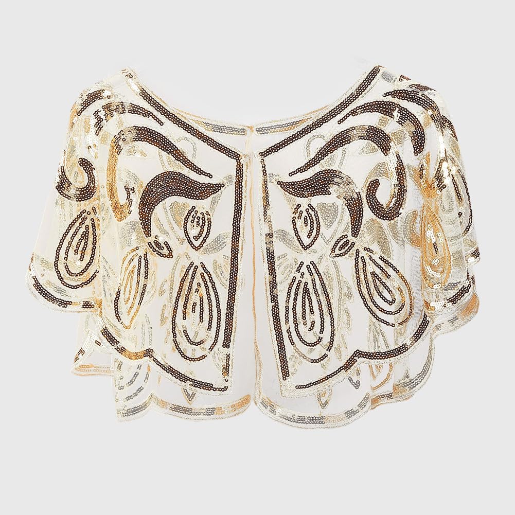 Châle à Paillettes Perles Dorée Années 1920 Cape Boléro en Mousseline de Soie Ouverte Écharpe Étole Couverture Rétro Élégant pour Femme Flapper Robe de Mariée Mariage Fête Soirée Accessoires
