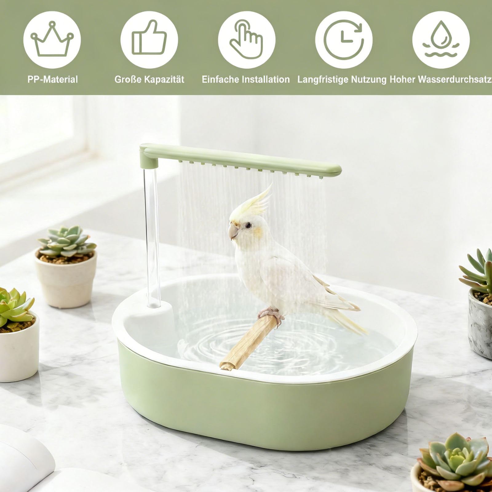 Bain d'oiseaux 32 x 26 cm pour perruches en polypropylène Vert Style frais Circulation automatique de l'eau de pluie Douche d'oiseaux avec 26 sorties d'eau pour