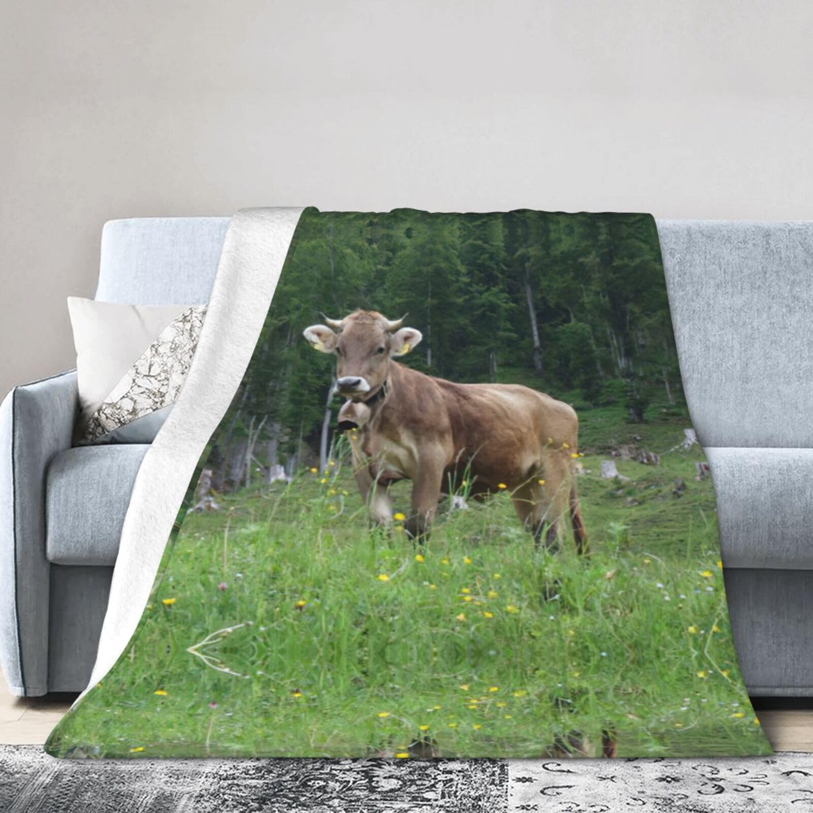 Uusnwaa Soft Cosy Fleece Warm Throw Real Swiss Cow Brown Print Blanket