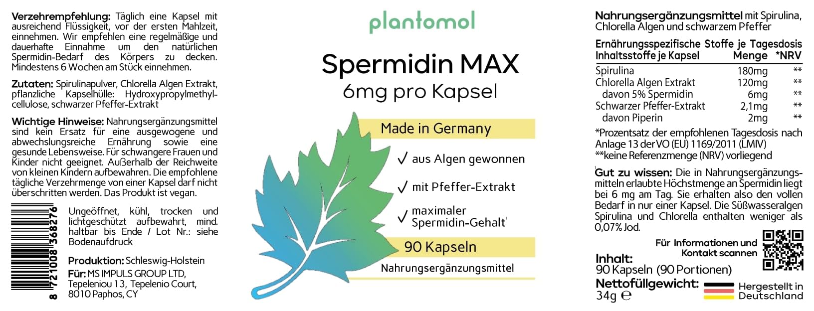 Spermidin Kapseln hochdosiert - Spermidin 6mg pro Kapsel - Spermidine Gehalt durch externes Labor bestätigt - SpermidinMAX - 3 Monatsvorrat
