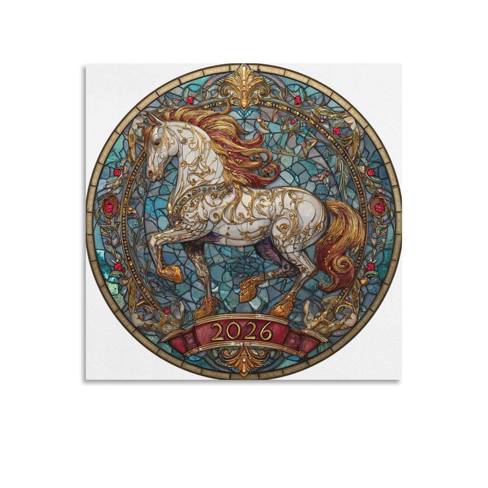 Jubonexis Stained Glass Horse Banner 2026 Canvas Wall Art Poster Painting Aesthetic Picture for Living Room Farmhouse Decor 16x16inch(40x40cm)