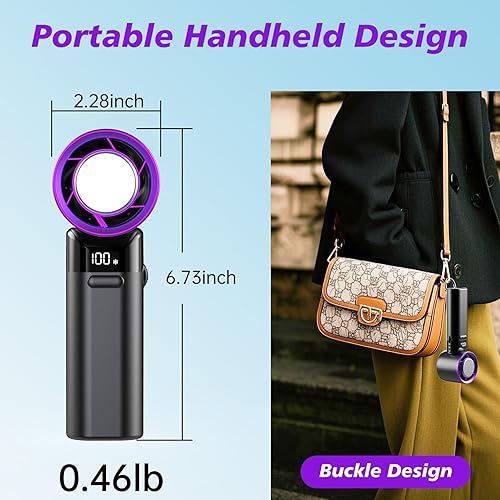 Miniatura 6 de sylvwin Ventilador de mano portátil, velocidad ajustable de mini ventiladores (1-100), batería de 5000 mAh, ventilador personal recargable,