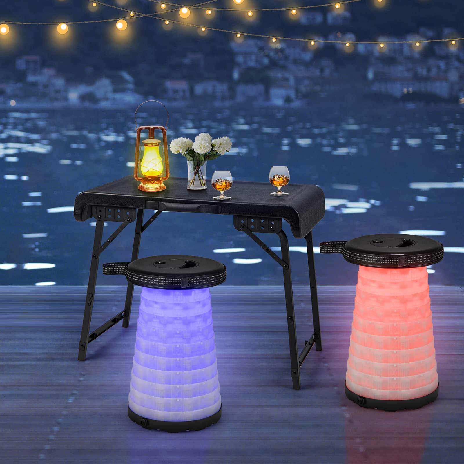 COSTWAY Tragbarer Klapptisch mit 2 LED Teleskophockern, Campingtisch und höhenverstellbarer Hocker, Campinghocker Klapphocker bis 200 kg belastbar, für Camping, Reisen, Angeln