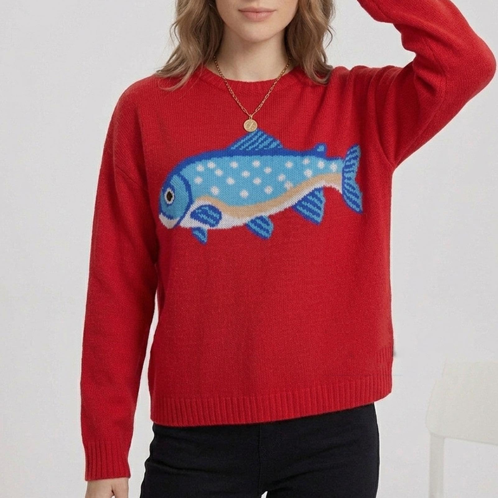 Jersey Punto Extralargo Cuello Redondo Gráfico Peces Océano Y2K Oversize