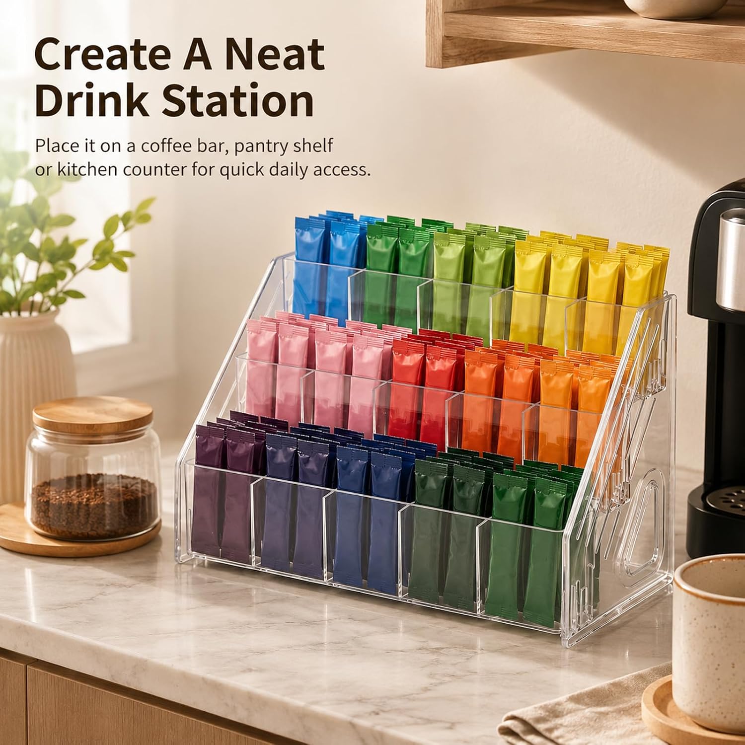 Drink Packet Organizer, 3 Tier Water Flavor Packet Holder with 15 Slots