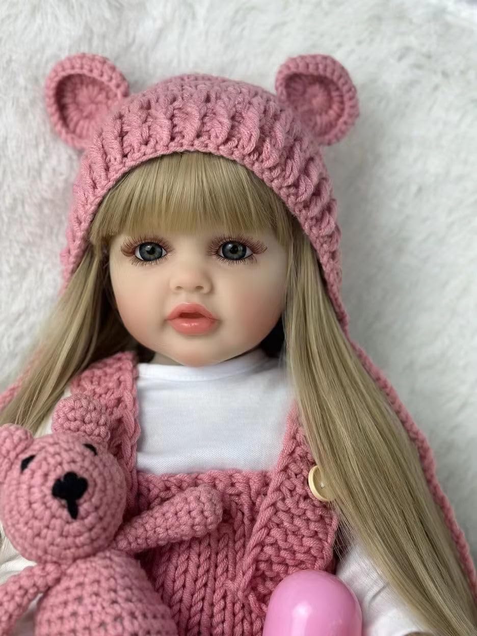 Realistic Full Silicone Body 55 Cm 22 Inch Brown Long Hair Lifelike Reborn Baby Doll Toy Princess Toddler Bebe Birthday Gift Set for 3+ Ages Girls