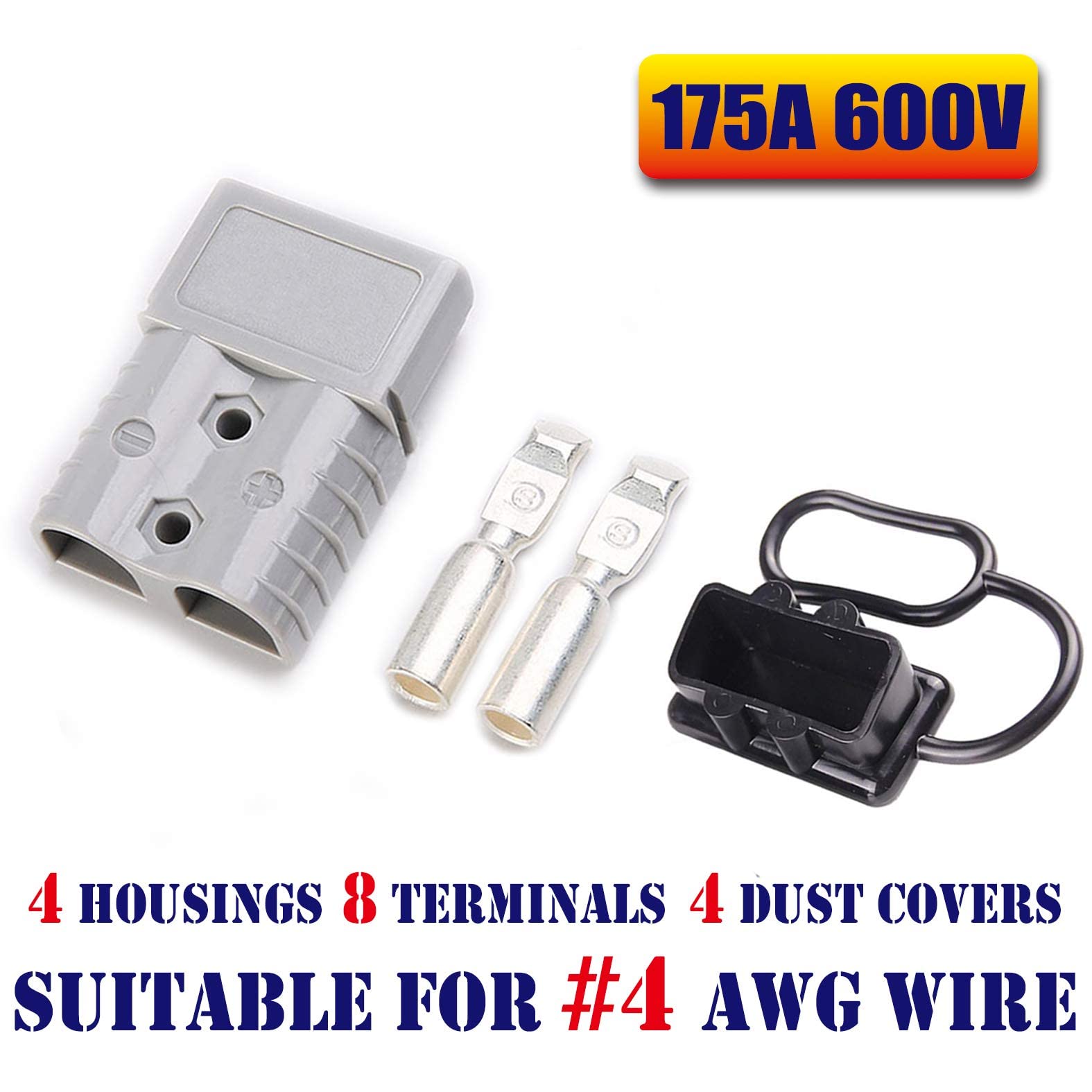 Mr.Brighton LED 175Amp Anderson Compatible 2 Pole Power Connector Plug Grey w/Terminals for #4 AWG Wire[4 housing+8 Terminal pins+4 dust Covers]