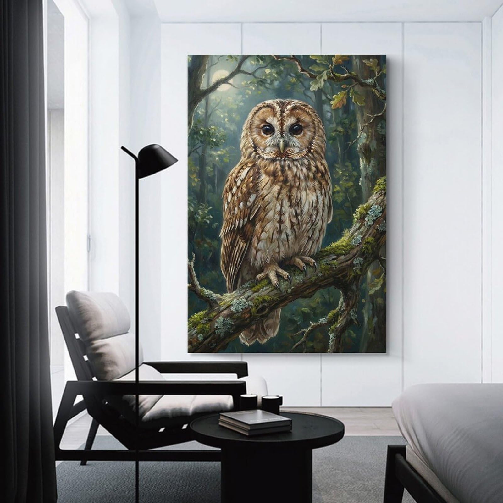 Junmoney Owl Perched on Branch in Forest Home Decor Wall Art 24x36inch(60x90cm), for Living Room, Lounge Or Sitting Room, A Home Accent with Warm Character